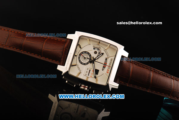 Tag Heuer Monaco LS Chronograph Miyota Quartz Movement Steel Case with White Dial and Brown Leather Strap - Click Image to Close